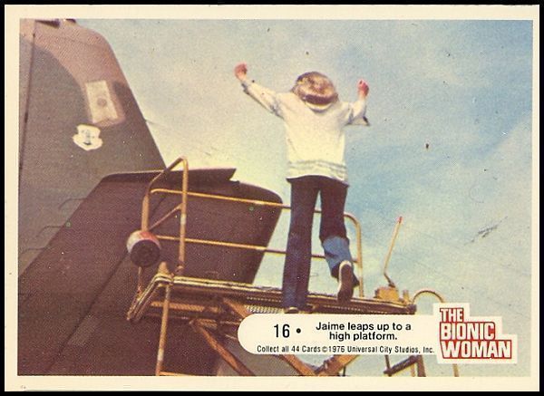 76DBW 1976 Donruss Bionic Woman 16 Jaime Leaps Up To A High Platform